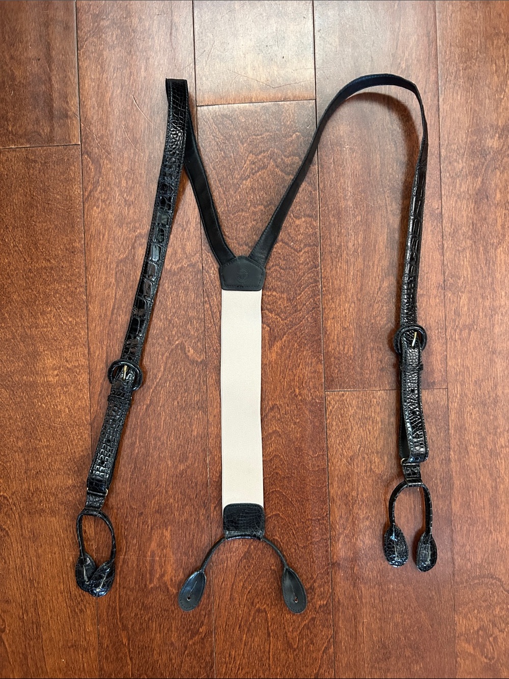 Torino Men’s Crocodile Embossed Black Leather Suspenders with Buckles